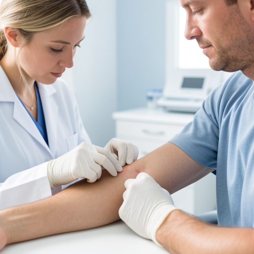 Une médecin examine délicatement une petite inflammation localisée sur l’avant-bras d’un homme dans un cabinet médical.