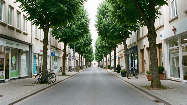 Boulevard urbain arboré à Brest avec des commerces de proximité évoquant des services de bien-être et de santé.