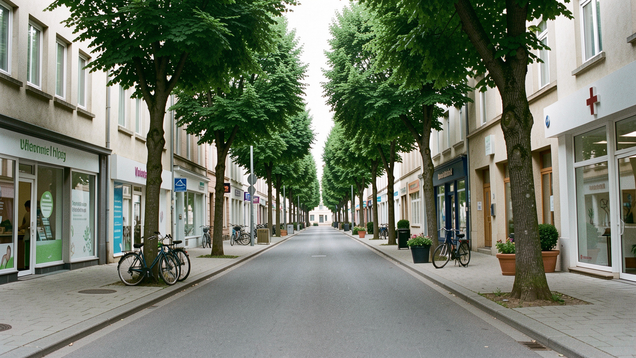 Boulevard urbain arboré à Brest avec des commerces de proximité évoquant des services de bien-être et de santé.