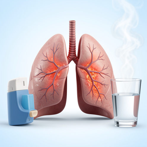 Illustration médicale réaliste de poumons humains montrant des bronches enflammées, accompagnés d’éléments évoquant les traitements et le soulagement respiratoire.