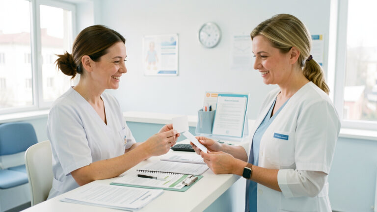 Une patiente échange avec une conseillère de santé dans l’accueil lumineux d’une clinique moderne à Brest.