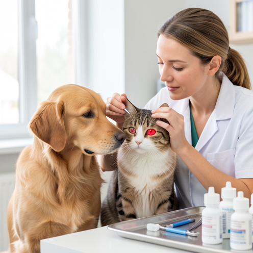 Un chien et un chat aux yeux légèrement rouges et larmoyants sont examinés avec douceur par une vétérinaire dans une clinique propre et lumineuse.