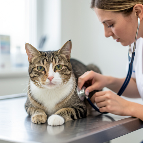 Chat présentant des signes légers de coryza examiné avec douceur par une vétérinaire dans une clinique propre.