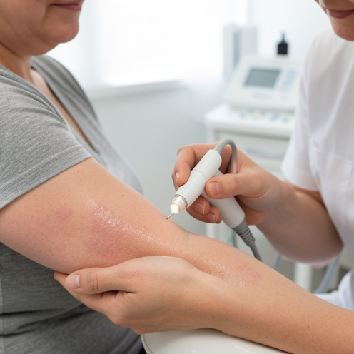 Une femme montre une zone d’eczéma léger sur son avant-bras à une dermatologue dans un cabinet médical lumineux.