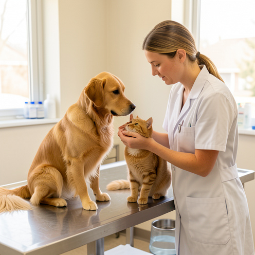 Un chien et un chat examinés avec douceur par un vétérinaire dans une clinique animalière propre et lumineuse.