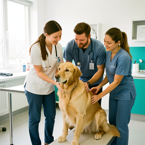 Équipe diversifiée d’une clinique vétérinaire prenant soin d’un golden retriever dans une salle de consultation lumineuse.