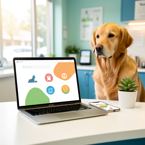 Ordinateur portable et smartphone présentant une interface abstraite de soins pour animaux, posés sur le comptoir lumineux d’une clinique vétérinaire à côté d’un golden retriever.
