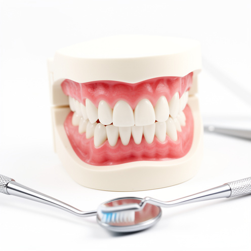 Modèle dentaire en gros plan montrant une inflammation légère des gencives, avec un miroir dentaire et une brosse à dents dans un environnement clinique.