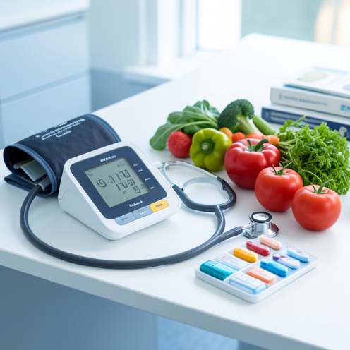Appareil de mesure de la tension, stéthoscope, pilulier et légumes frais disposés sur un bureau médical propre.