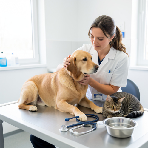 Un chien et un chat examinés avec douceur par une vétérinaire dans une clinique lumineuse, avec du matériel médical et une gamelle d’eau.
