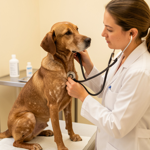 Un chien brun présentant une légère perte de poils est examiné avec douceur par une vétérinaire dans une salle de consultation propre.