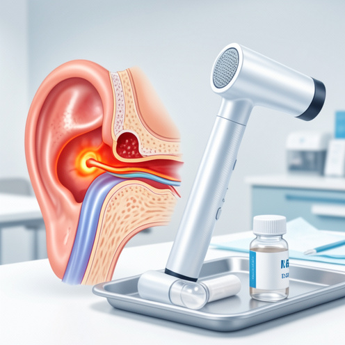 Illustration médicale réaliste d’une oreille en coupe montrant une inflammation de l’oreille moyenne, accompagnée d’un otoscope et de gouttes auriculaires dans un environnement clinique.