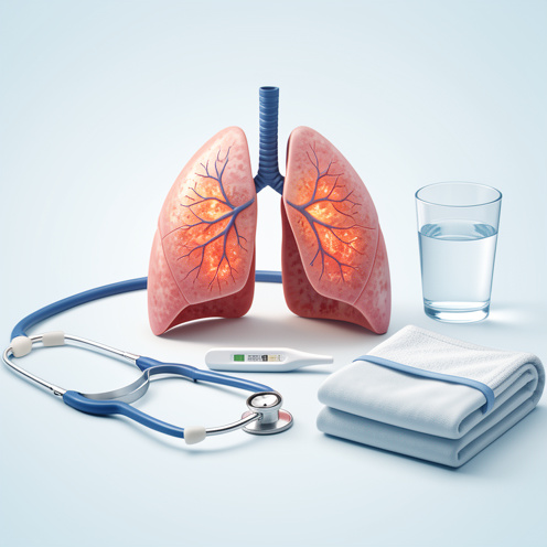 Illustration médicale réaliste représentant des poumons sains et enflammés, accompagnés d’un stéthoscope, d’un thermomètre, d’un verre d’eau et d’une couverture, pour évoquer la pneumonie, ses symptômes, ses traitements et sa prévention.