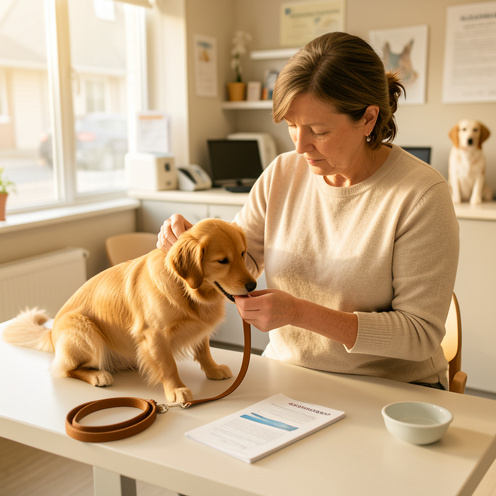 Une femme prépare calmement un petit chien brun pour un rendez-vous chez le vétérinaire, avec une laisse, une caisse de transport et un carnet sans écriture visible.