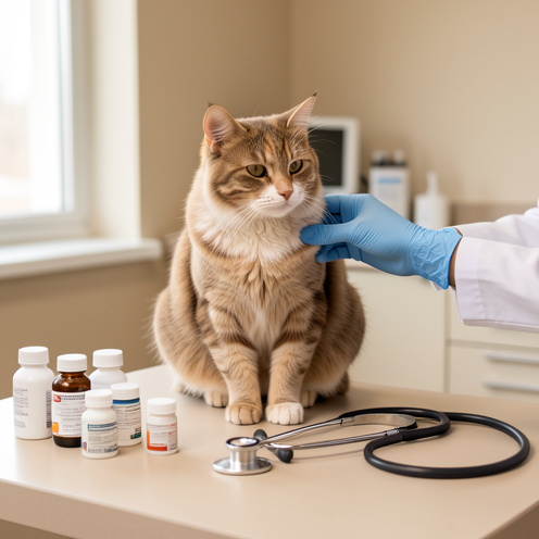 Chat domestique examiné avec douceur par un vétérinaire dans une clinique propre et lumineuse.