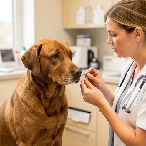 Un chien brun reçoit un vaccin préventif d’une vétérinaire dans une clinique propre et lumineuse.