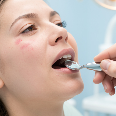 Illustration médicale montrant la bouche d’une femme examinée par un dentiste, avec de légères zones rouges et irritées sur l’intérieur de la joue.