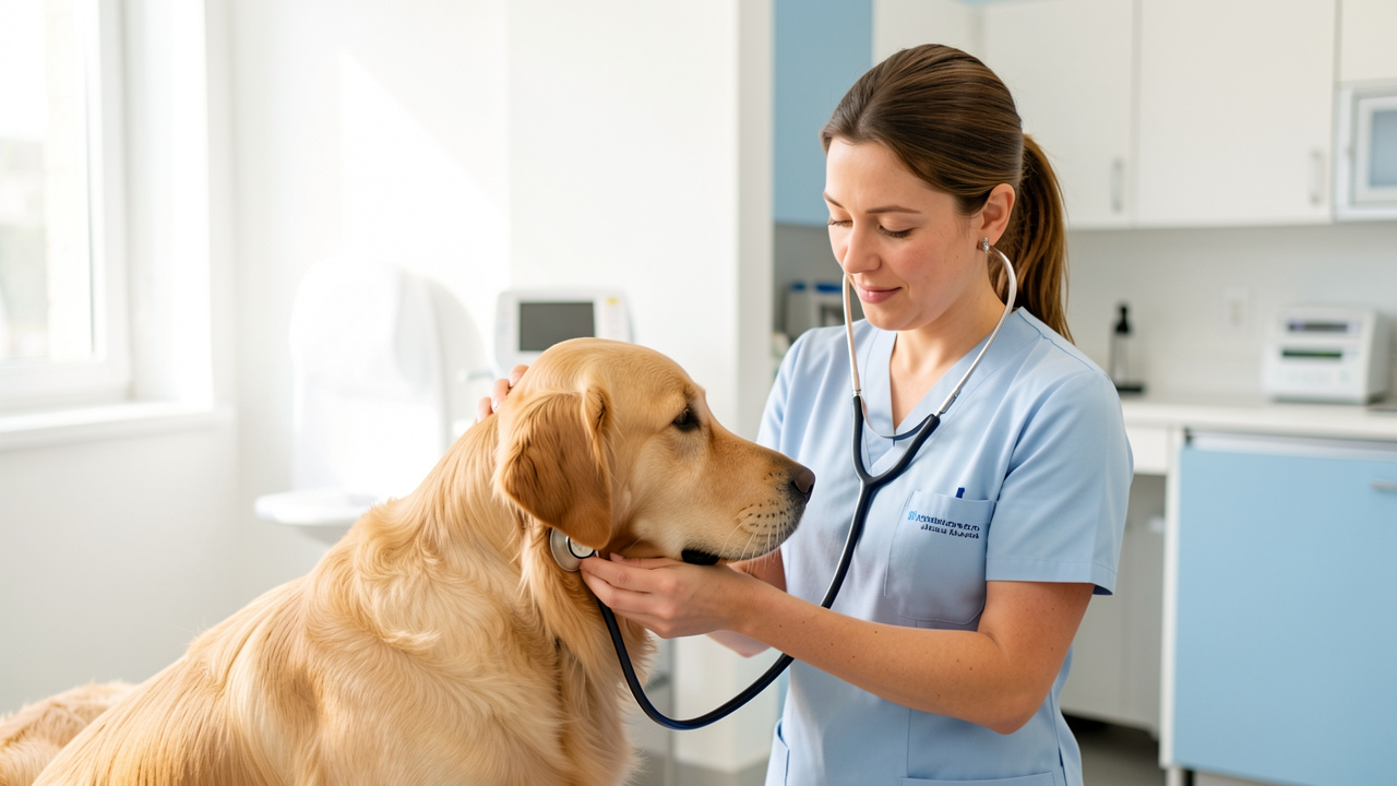 Une vétérinaire examine délicatement un chien dans une clinique lumineuse et accueillante.
