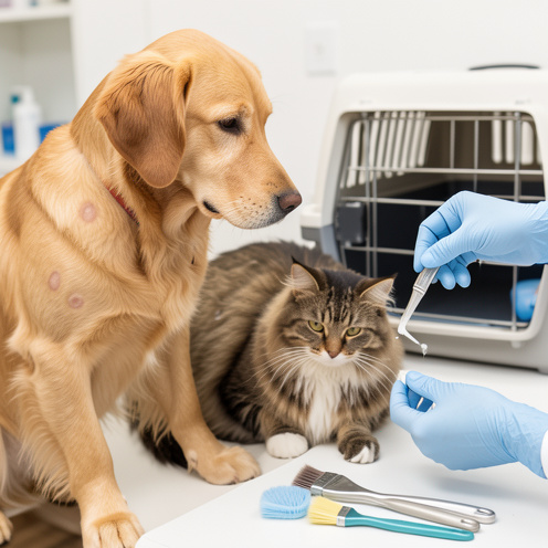 Un chien et un chat examinés avec douceur dans une clinique vétérinaire, présentant de petites zones circulaires de perte de poils et recevant un traitement local.