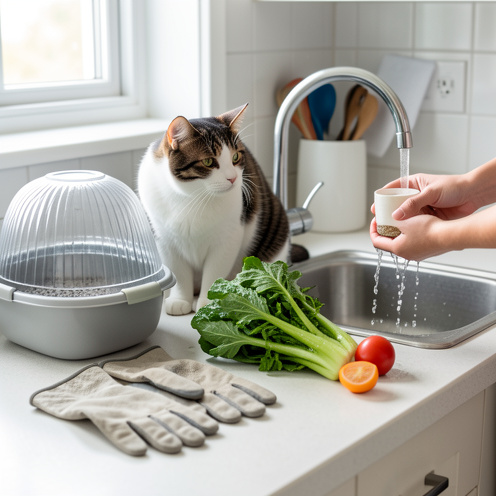 Nature morte éducative montrant un chat, une litière couverte, des gants de jardinage, des légumes lavés et des mains rincées pour illustrer la prévention de la toxoplasmose.