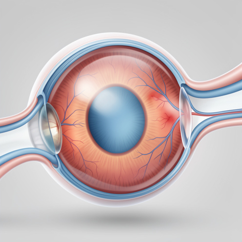 Illustration médicale réaliste d’un modèle détaillé de l’œil humain montrant une inflammation subtile autour de l’iris et de l’uvée.