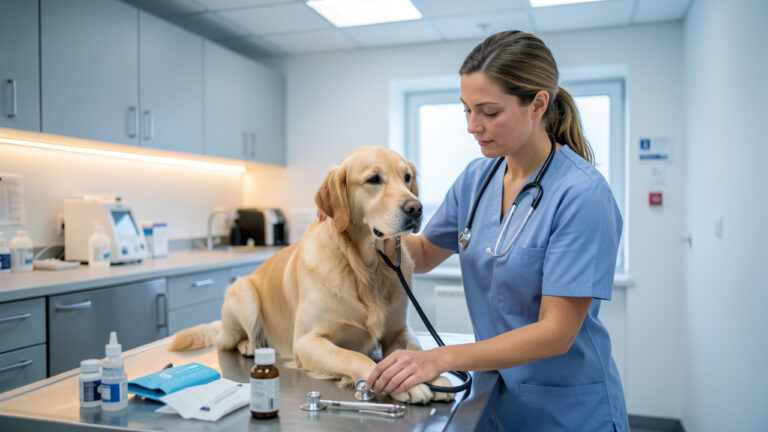 Une femme vétérinaire examine doucement un golden retriever dans une clinique vétérinaire moderne lors d’une urgence animale.