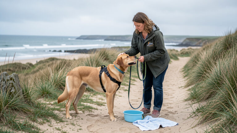 Une vétérinaire examine doucement un chien équipé d’un harnais avant une promenade sur le littoral breton.