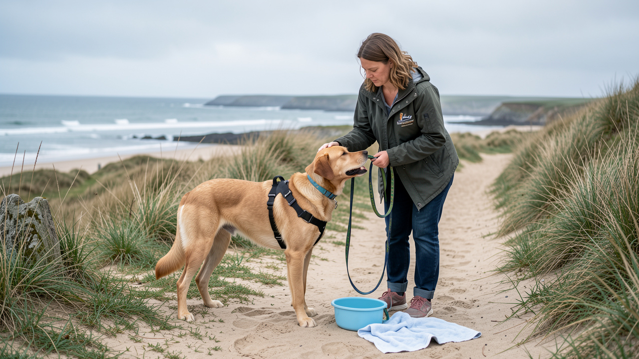 Une vétérinaire examine doucement un chien équipé d’un harnais avant une promenade sur le littoral breton.
