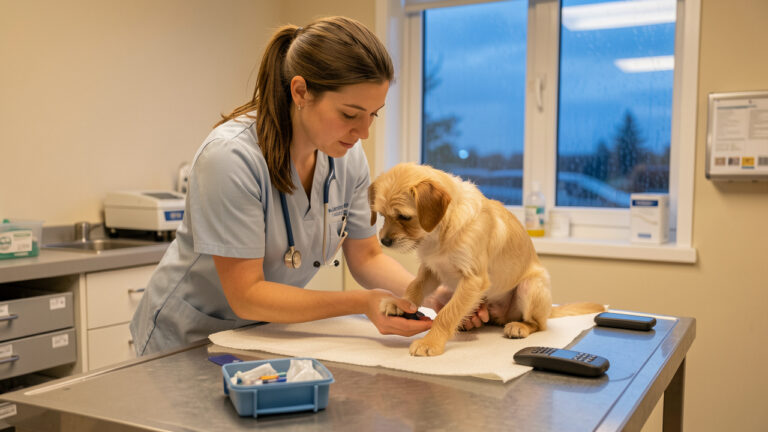 Une vétérinaire examine calmement un petit chien dans une clinique, avec une trousse de premiers soins à proximité.