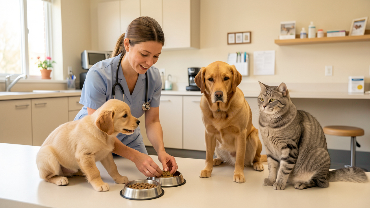 Une vétérinaire organise des gamelles adaptées pour un jeune animal, un animal adulte et un animal âgé dans une clinique accueillante.